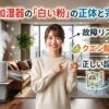 加湿器の白い粉対策を解説する日本人女性のイラスト。背景には清潔感のあるリビングと加湿器があり、「解説：加湿器の白い粉の正体と完全対策」「故障リスク？」「クエン酸で解決」「正しい設置場所」「長持ちの秘訣」というテキストと、レモンや掃除、間取り図などのキャッチーなアイコンが配置されている。