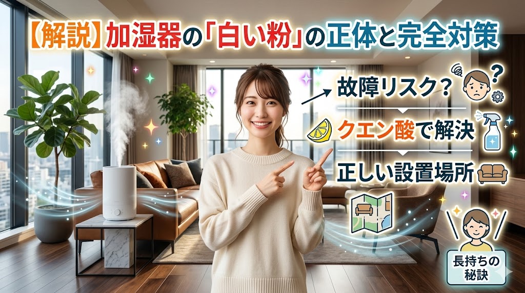 加湿器の白い粉対策を解説する日本人女性のイラスト。背景には清潔感のあるリビングと加湿器があり、「解説：加湿器の白い粉の正体と完全対策」「故障リスク？」「クエン酸で解決」「正しい設置場所」「長持ちの秘訣」というテキストと、レモンや掃除、間取り図などのキャッチーなアイコンが配置されている。