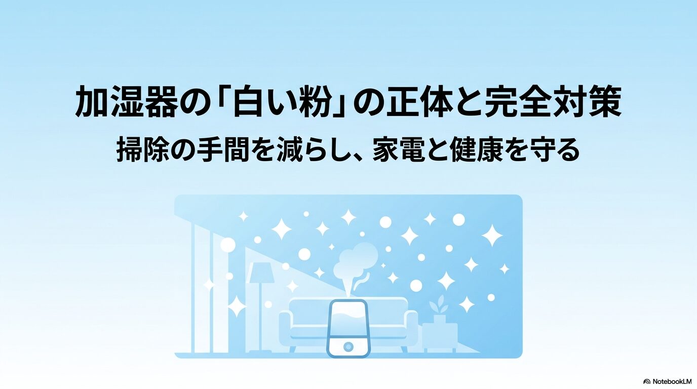 加湿器の白い粉の正体と完全対策を解説するタイトルスライド