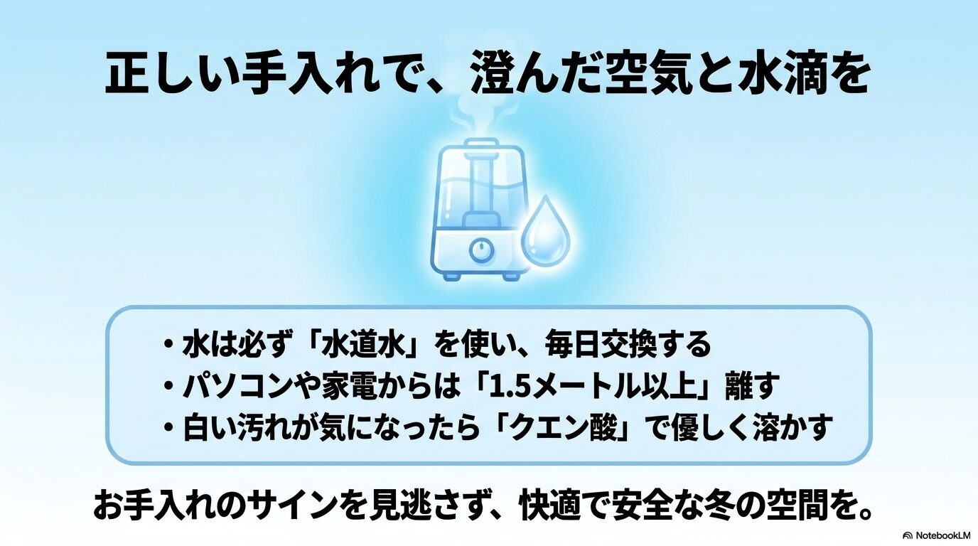 水道水を毎日交換する、家電から離す、クエン酸で掃除するという加湿器の正しいお手入れ方法のまとめ