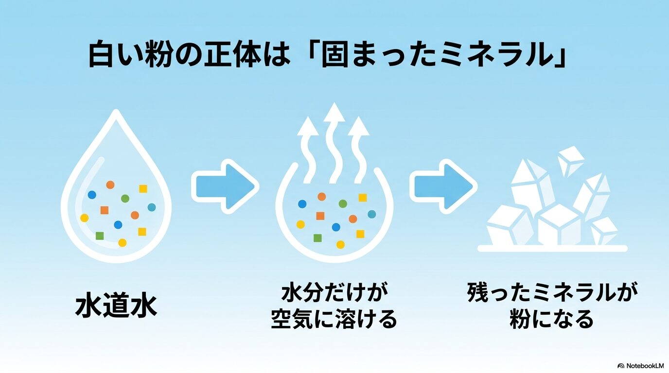 水道水の水分が蒸発し、残ったミネラルが白い粉になるメカニズムの図解