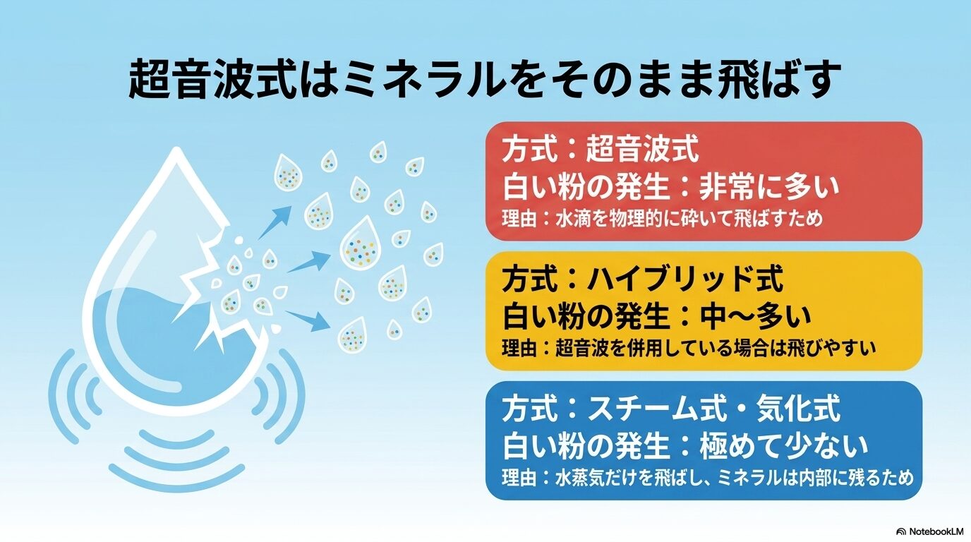超音波式、ハイブリッド式、スチーム式・気化式加湿器における白い粉の発生リスクの違い