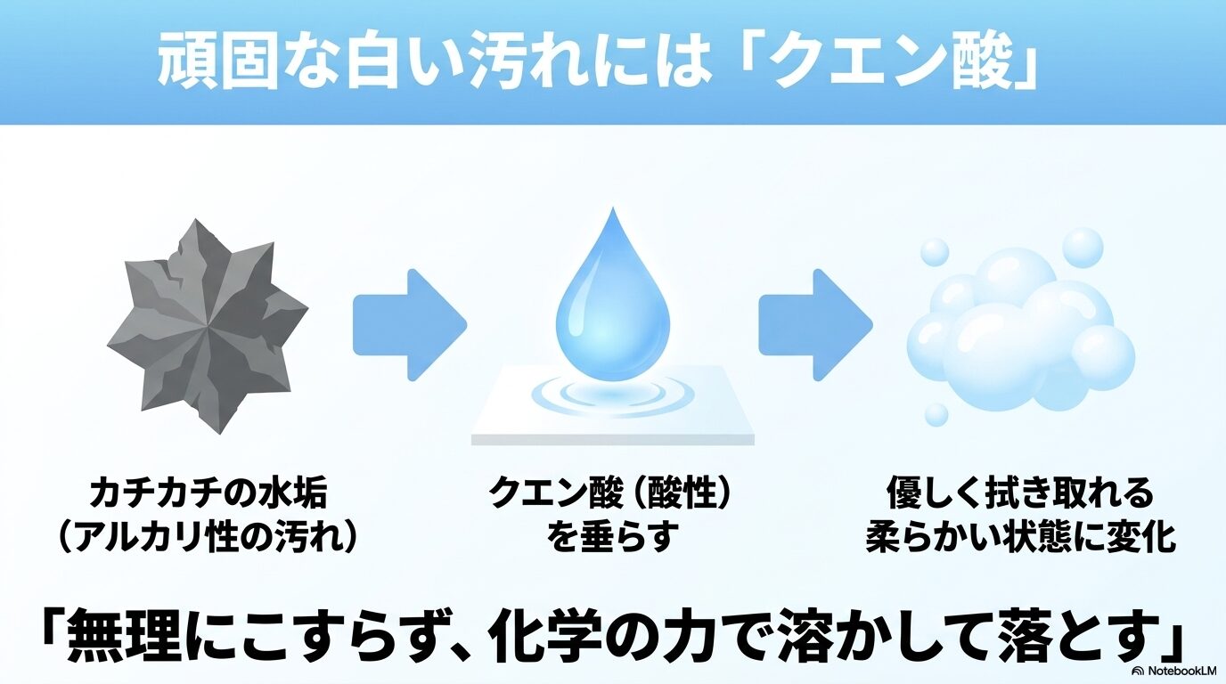 クエン酸をぬるま湯に溶かす、部品を浸け置きする、真水ですすぐというクエン酸洗浄の3ステップ