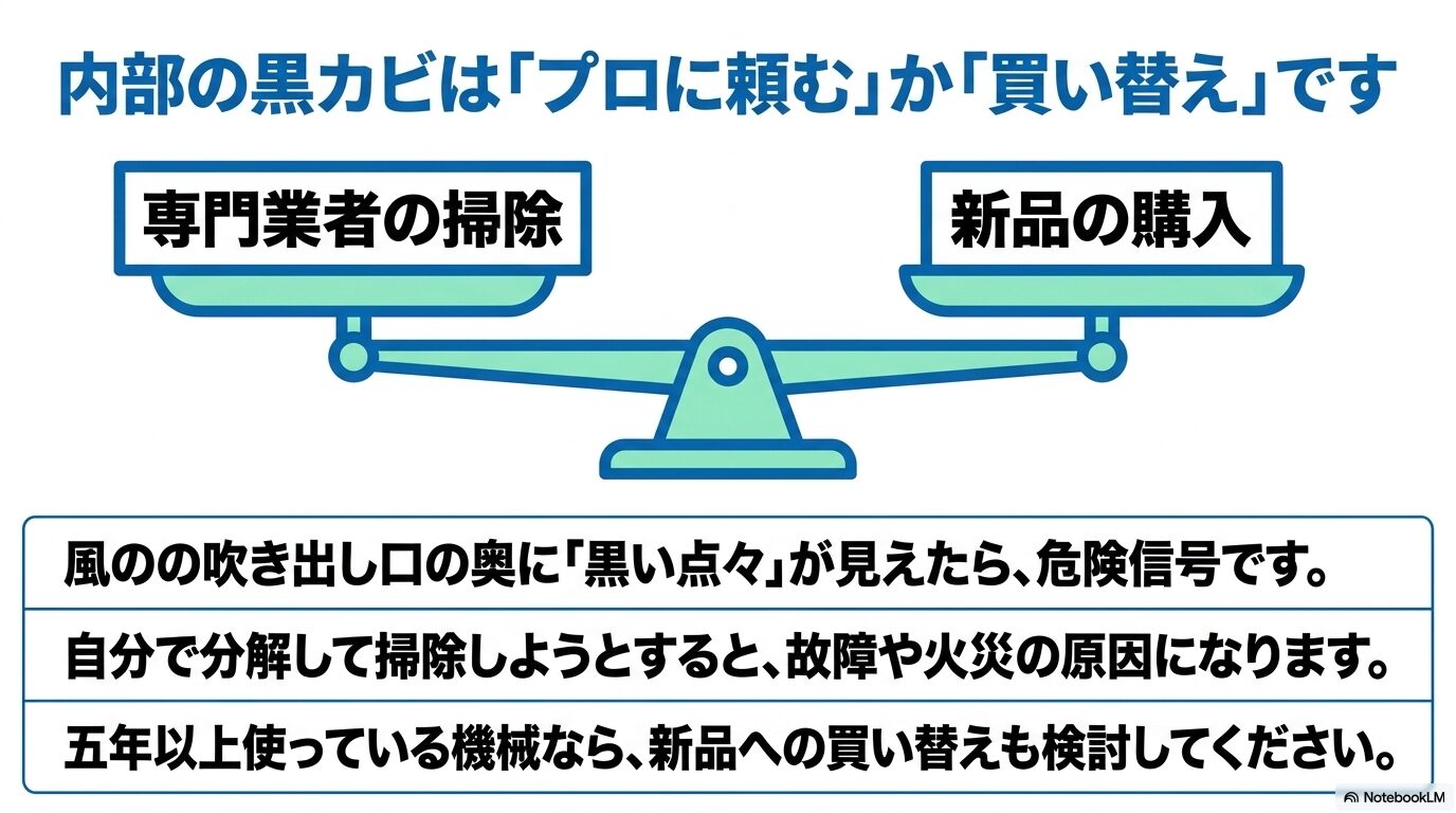 内部の黒カビが見えた際の専門業者による掃除と新品への買い替えを比較する検討図
