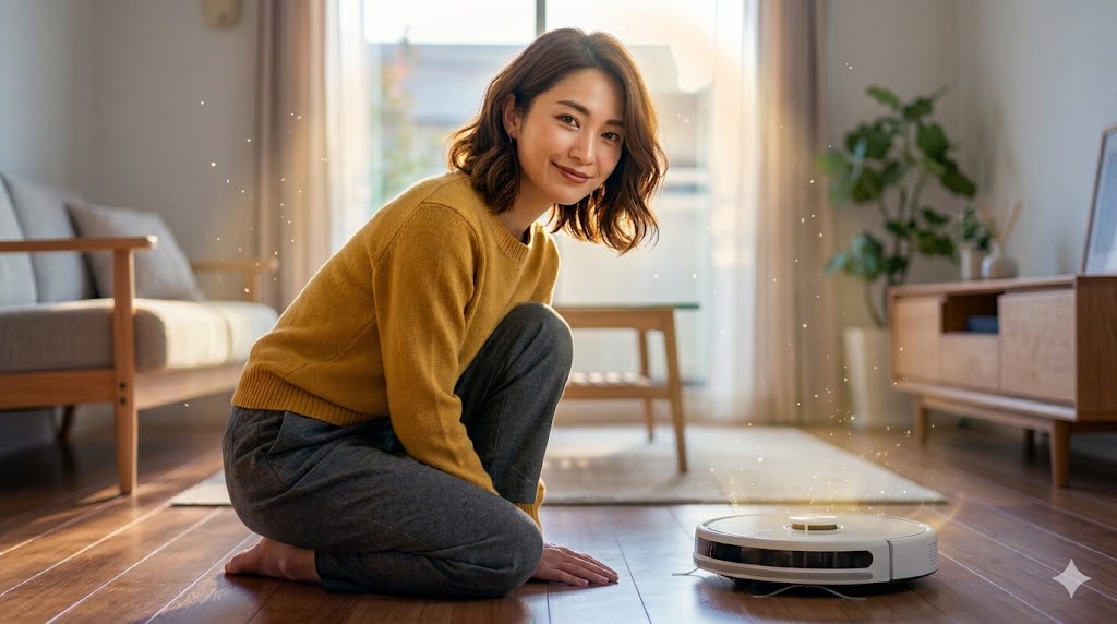 ロボット掃除機と笑顔で並ぶ、日本人女性。清潔で明るいリビングルーム。