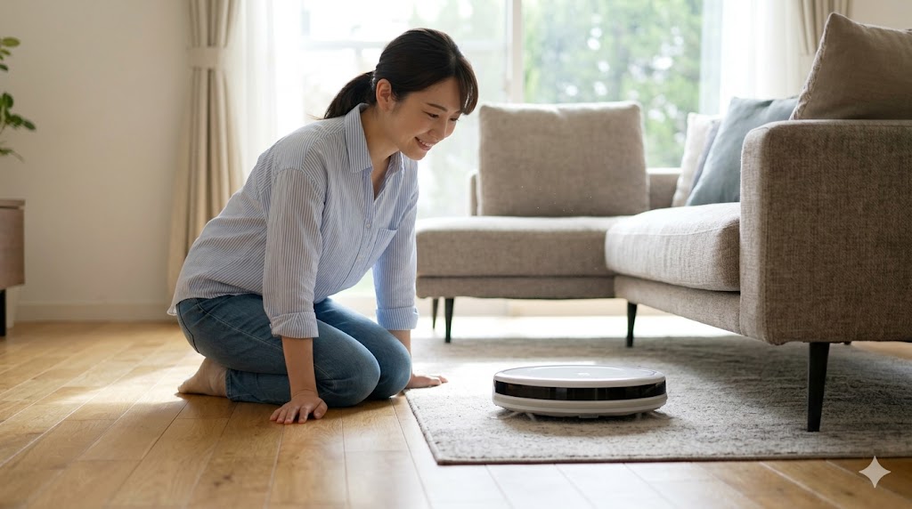 フローリングを掃除するロボット掃除機と、それを見守る笑顔の日本人女性。自然光が差し込むリビング。