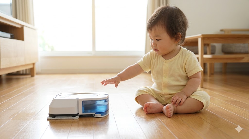 床拭きロボットが水拭き掃除をする様子。きれいになったフローリングで、日本人幼児が安心して座っている。
