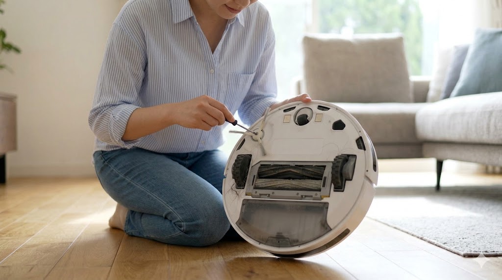 ロボット掃除機の裏面メンテナンスをする日本人女性。摩耗したサイドブラシと車軸に絡まった毛髪を除去している。