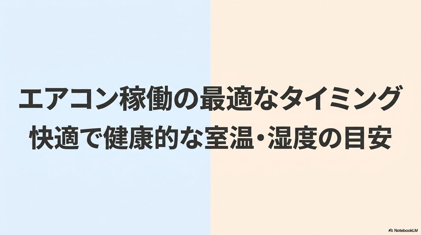 エアコンを稼働する最適なタイミングと、快適で健康的な室温・湿度の目安を示した解説スライドのトップ画像