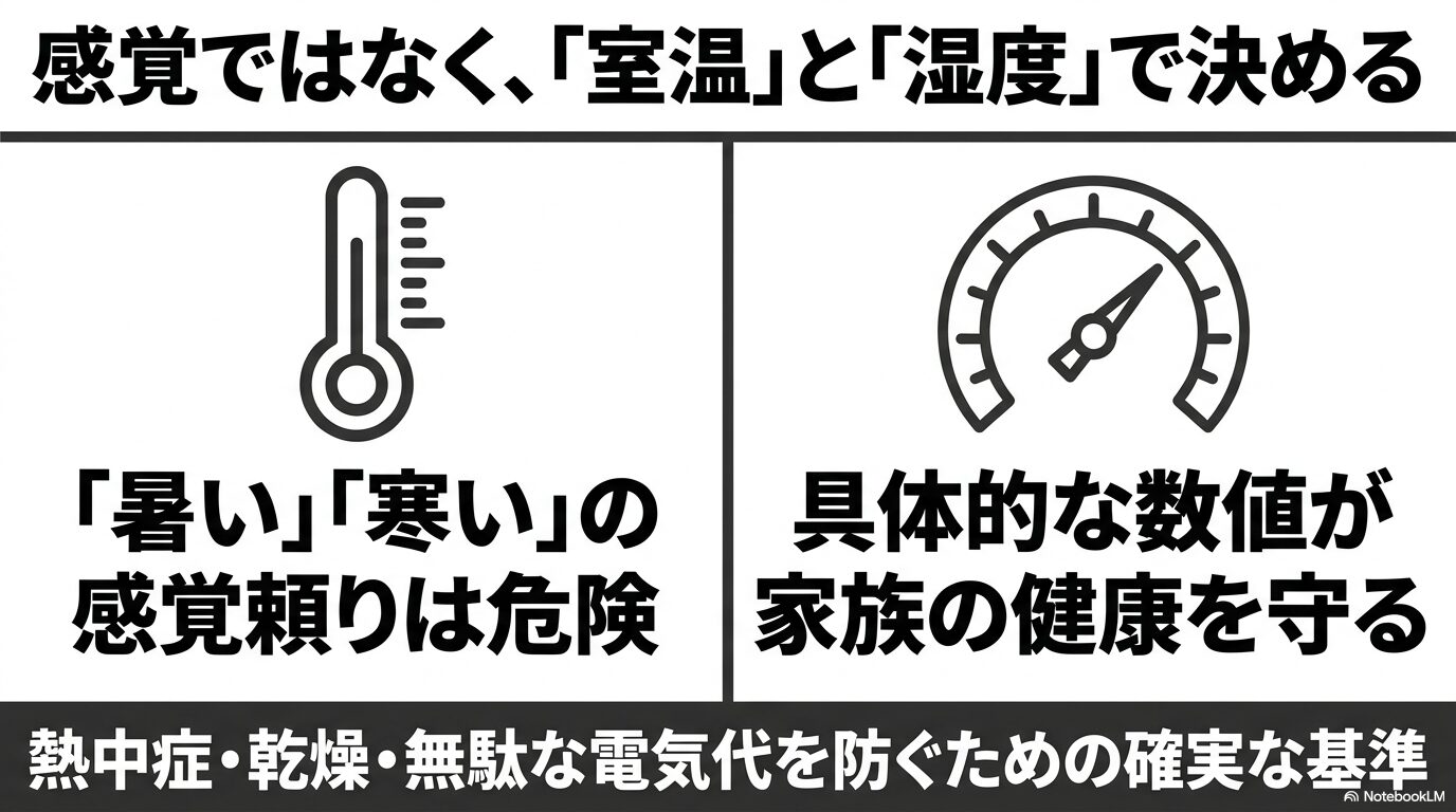 エアコンの稼働を個人の感覚頼りにせず、熱中症や無駄な電気代を防ぐために室温と湿度の具体的な数値で判断することを促すメーターイラスト付きスライド画像