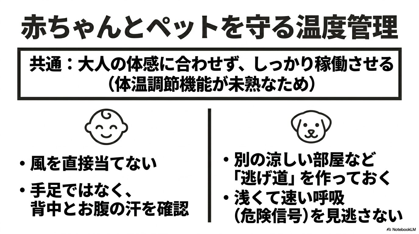 赤ちゃんやペットの体温調節をサポートするために、風を直接当てない、背中やお腹の汗を確認する、逃げ道を作るといった具体的な注意点と危険信号をまとめたスライド画像