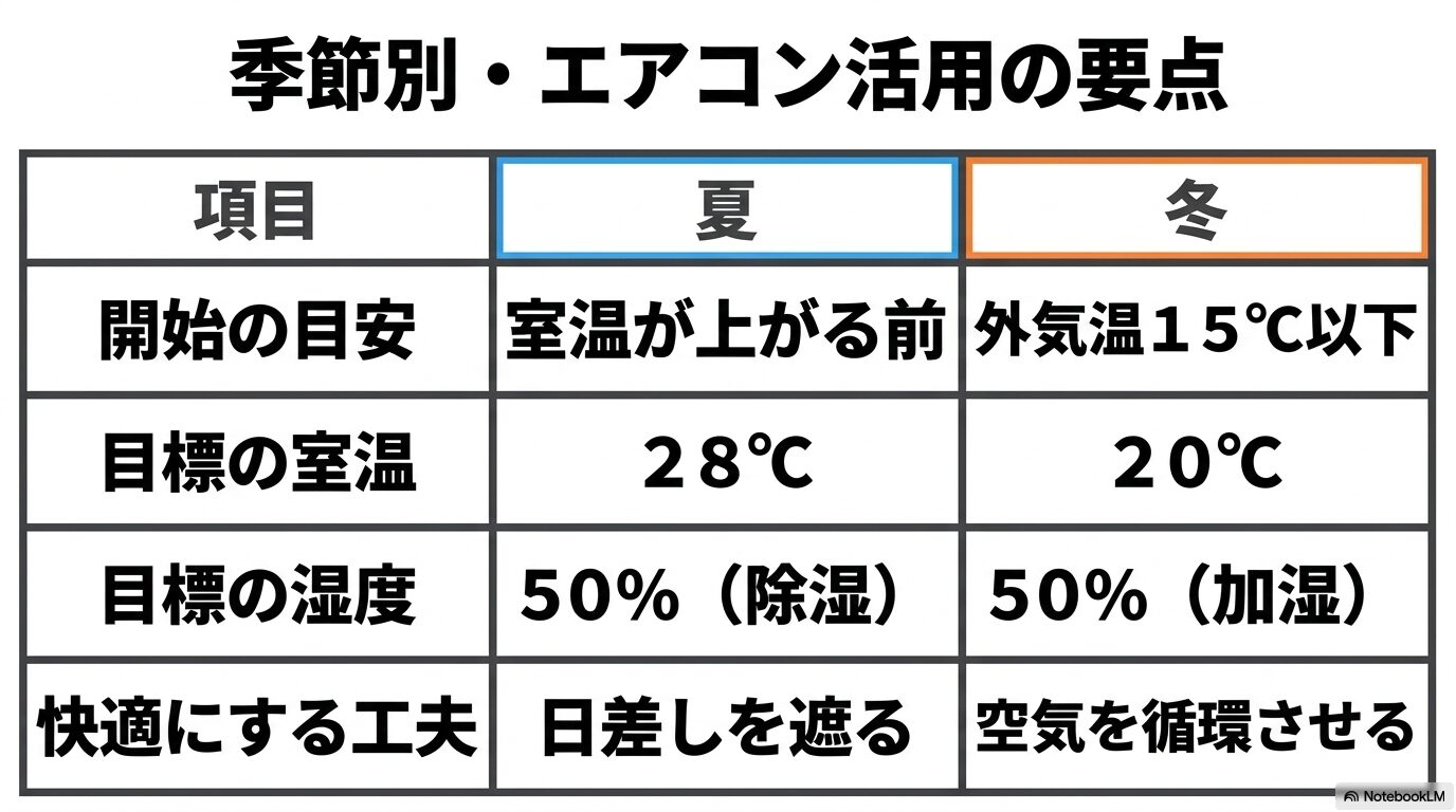夏と冬それぞれのエアコン開始目安、目標室温、目標湿度、快適にする工夫を一覧で比較したまとめスライド画像