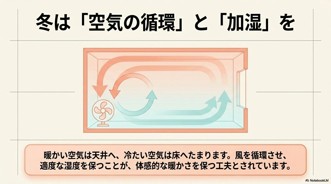 冬の暖房時の空気循環と加湿（イメージ）
