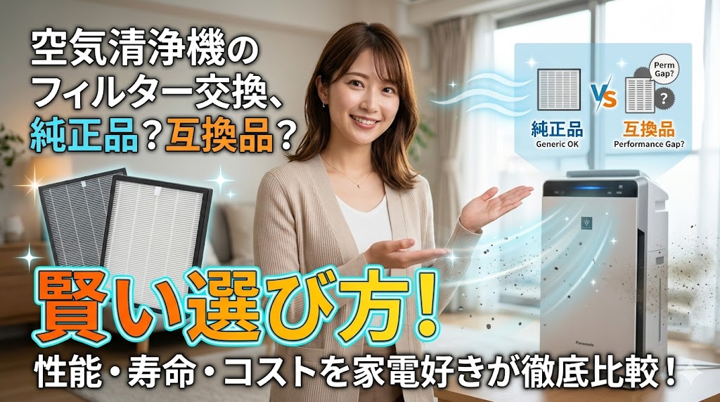 清潔感のあるリビングで日本人女性が空気清浄機を紹介している画像。「空気清浄機のフィルター交換、純正品？互換品？」「賢い選び方！性能・寿命・コストを家電好きが徹底比較！」というキャッチコピーが入ったアイキャッチ画像。