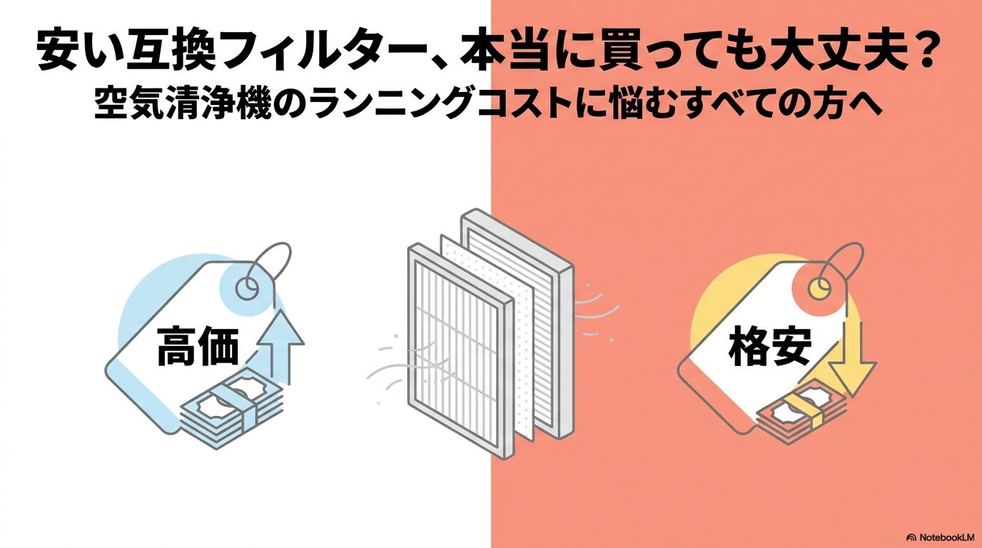 安い互換フィルターを買っても大丈夫かという疑問と、高価な純正品と格安な互換品の比較をテーマにした導入スライド。