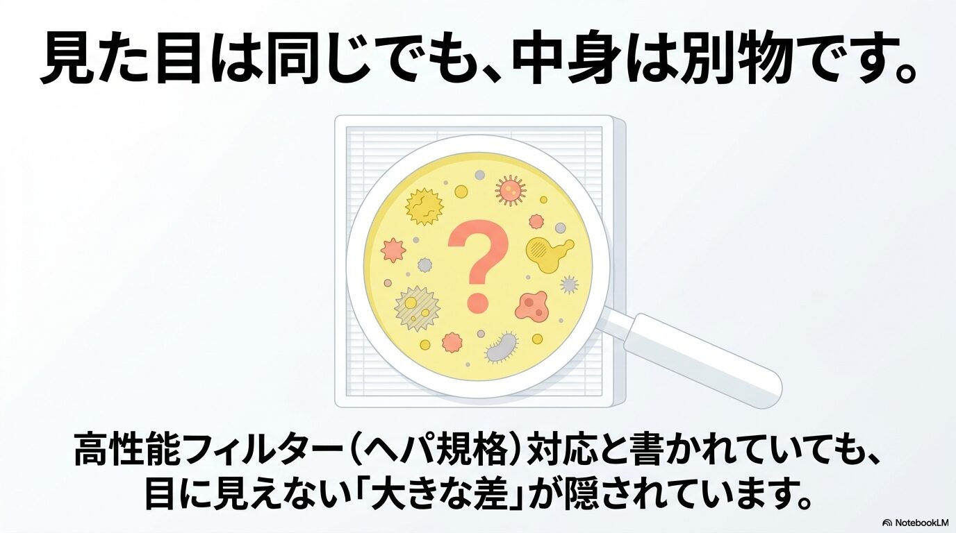 見た目は同じに見える空気清浄機フィルターでも、HEPA規格対応と謳われつつ実際には大きな性能差があることを伝えるスライド。