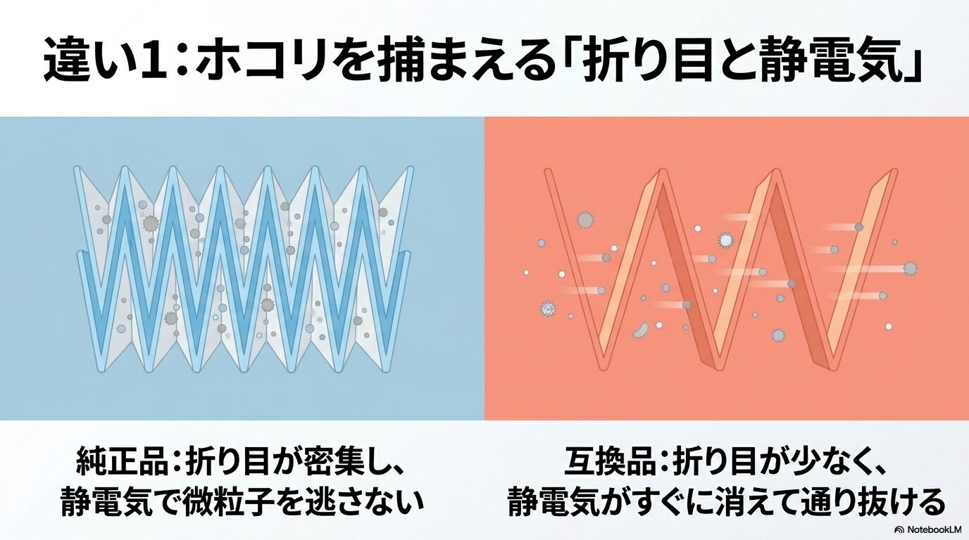 純正品は折り目が密集し静電気で微粒子を逃さないが、互換品は折り目が少なく静電気が消えやすいことを示すイラスト。