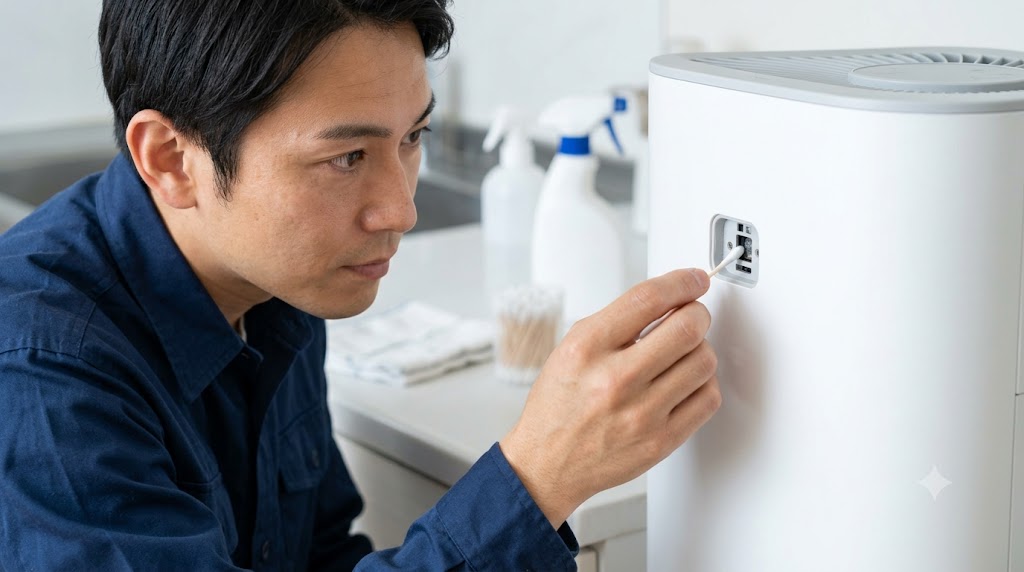 綿棒を使った空気清浄機のセンサー窓の掃除（イメージ）