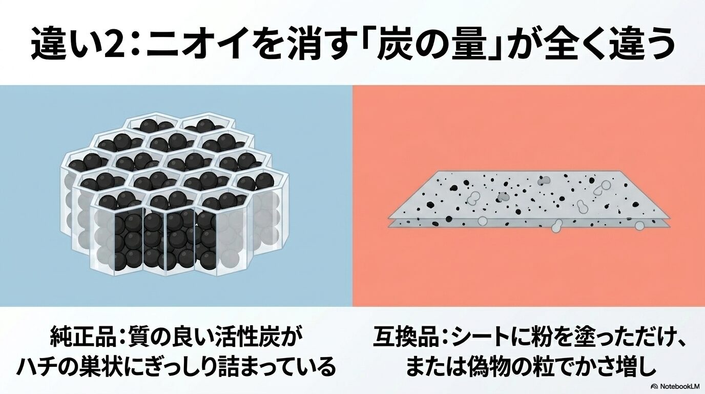 純正品は質の良い活性炭がハチの巣状にぎっしり詰まっており、互換品はシートに粉を塗っただけなどの違いを説明する図解。