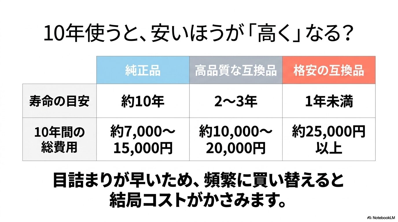 純正品と互換品の寿命目安と10年間の総費用を比較した表。格安品は頻繁な買い替えにより最終的なコストが高くなることを示唆。