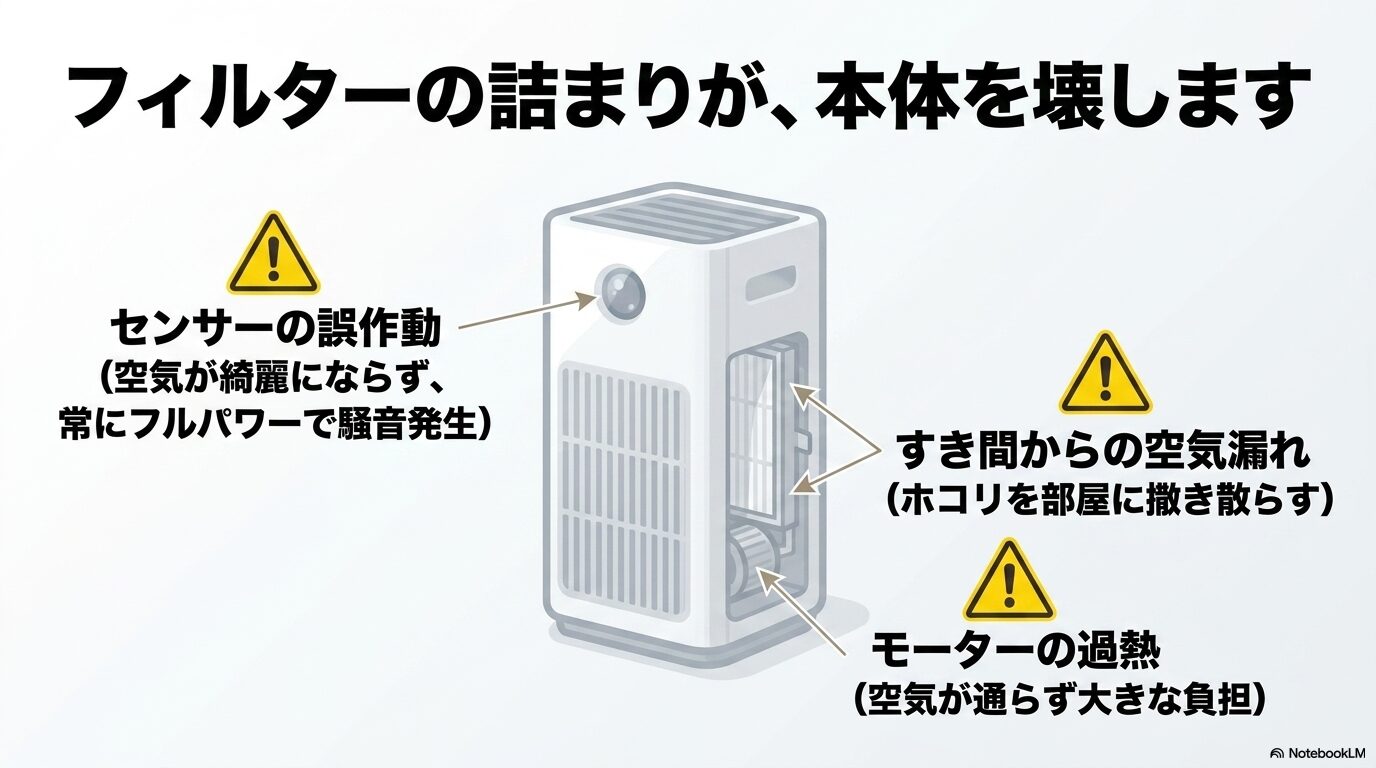 フィルターの詰まりが原因で起こる、センサー誤作動、空気漏れ、モーター過熱などの故障リスクを説明するスライド。