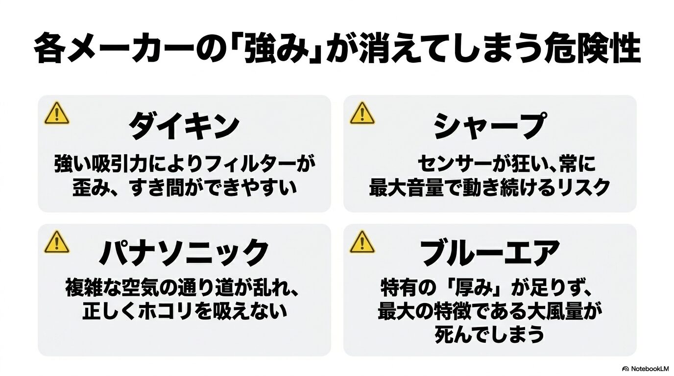 ダイキン、シャープ、パナソニック、ブルーエアの各社製品で、互換フィルターを使用した場合に損なわれる機能やリスクをまとめた図。