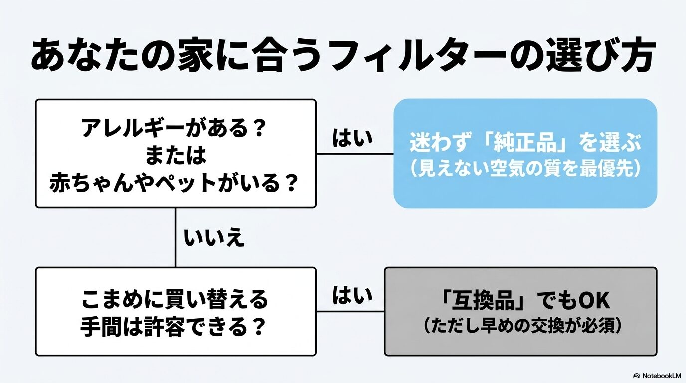 アレルギーの有無や手間の許容度に応じて、純正品か互換品かを選ぶための意思決定フローチャート。