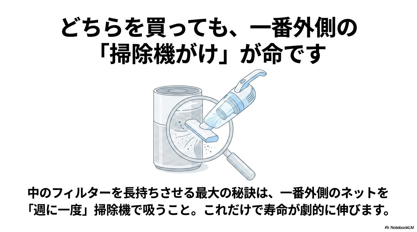 空気清浄機の一番外側のフィルターを掃除機で吸う様子を描いた、メンテナンスの重要性を伝えるイラスト。