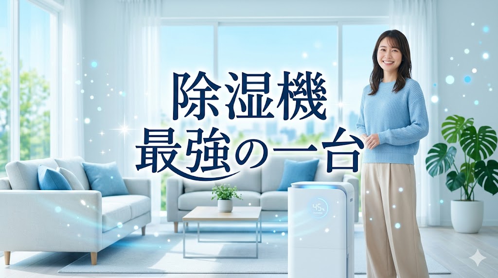 明るいリビングルームで笑顔の女性と、日本語のテキスト「除湿機 最強の一台」が描かれた画像