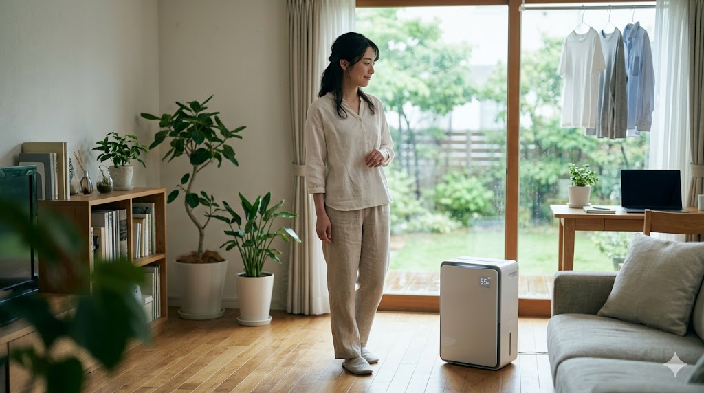 梅雨時の日本のリビングで、自分に合う除湿機を穏やかに考える日本人女性