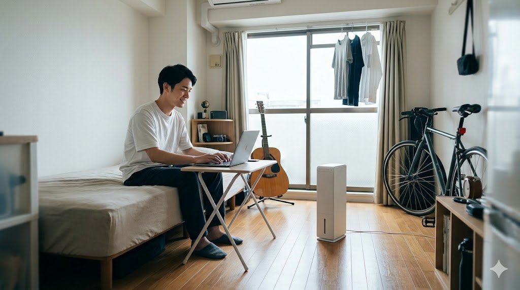 東京の一人暮らしのアパートで、A4サイズのスペースに置ける超スリムなコンパクト除湿機を使いながら、快適に過ごす日本人男性