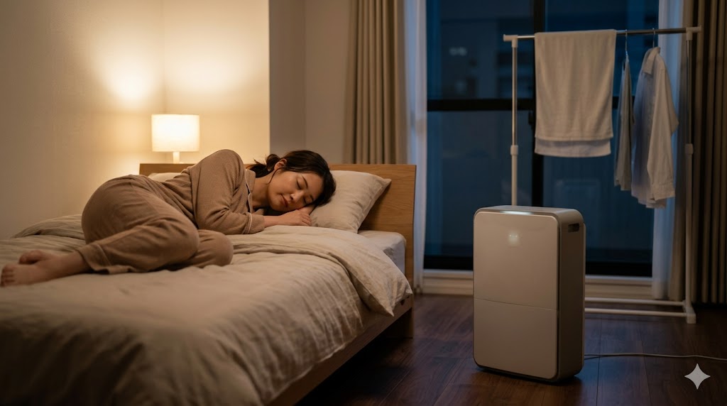 静かな日本の寝室で、超静音設計のインバーター除湿機を稼働させながら、朝まで安らかに眠る日本人女性