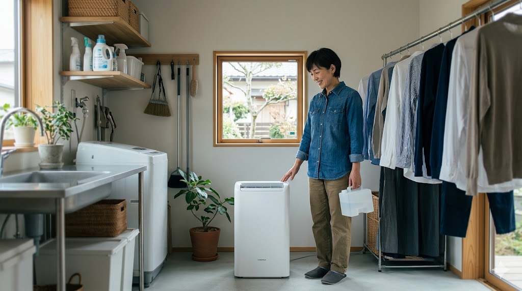 「アクアドロップ洗浄self」機能を搭載したコロナの日本製除湿機CD-WH1826と、長年愛用できる耐久性を信頼する日本人女性