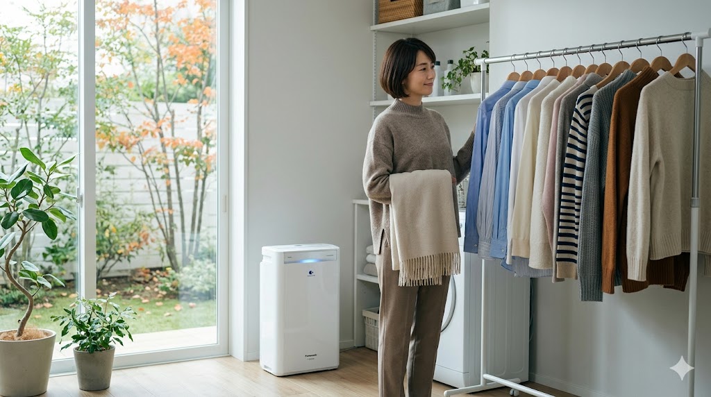 秋の日本の住宅で、ハイブリッド式除湿機(パナソニック F-YEX120B)を使い、一年中快適な室内環境で洗濯物を乾かす日本人女性