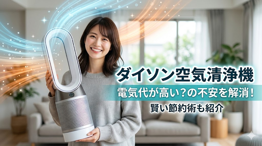 ダイソンの空気清浄機を抱えて笑顔を見せる日本人女性。背景にはリビングが広がり、製品からは涼風と温風をイメージした青とオレンジの光のエフェクトが流れている。「ダイソン空気清浄機 電気代が高い？の不安を解消！賢い節約術も紹介」というテロップ入り。