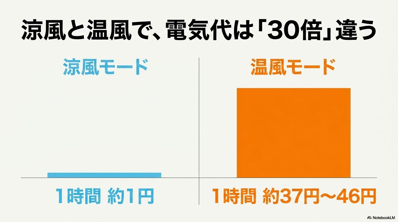 涼風モード（1時間約1円）と温風モード（1時間約37円〜46円）で電気代が約30倍違うことを示す比較スライド