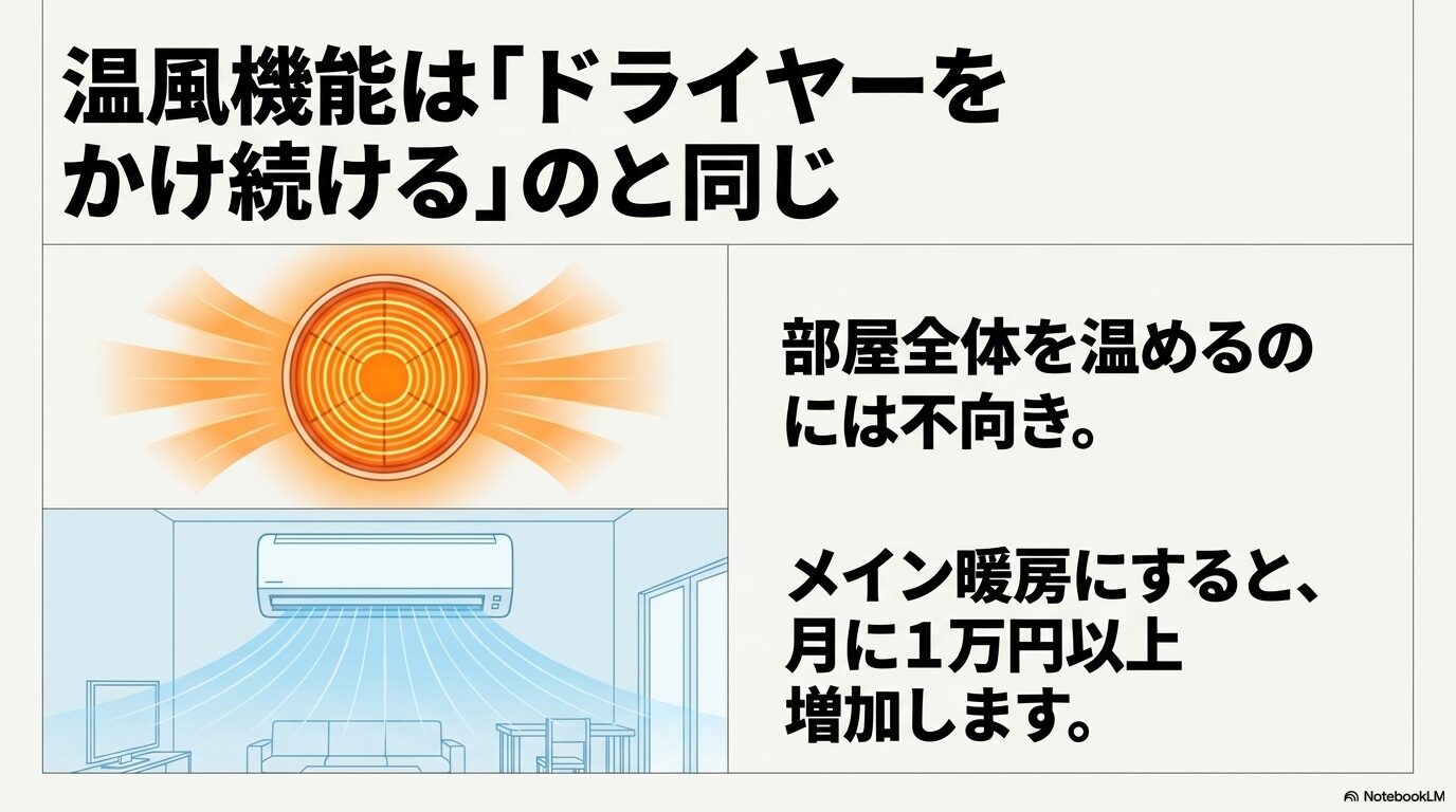 温風機能はドライヤーをかけ続けるのと同じで、部屋全体を温めるメイン暖房には不向きであることを説明するスライド