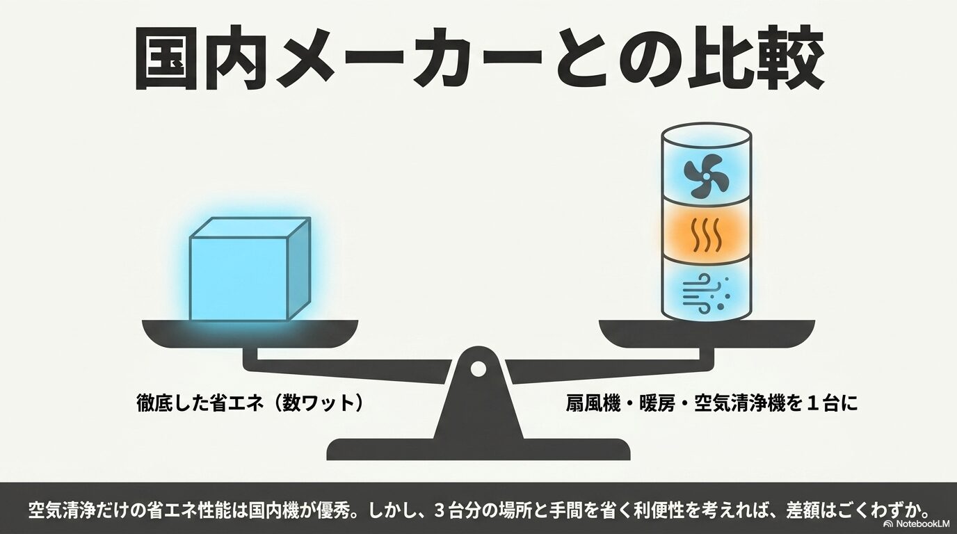 徹底した省エネの国内メーカーと、1台3役の利便性を持つダイソンとの比較を示すスライド
