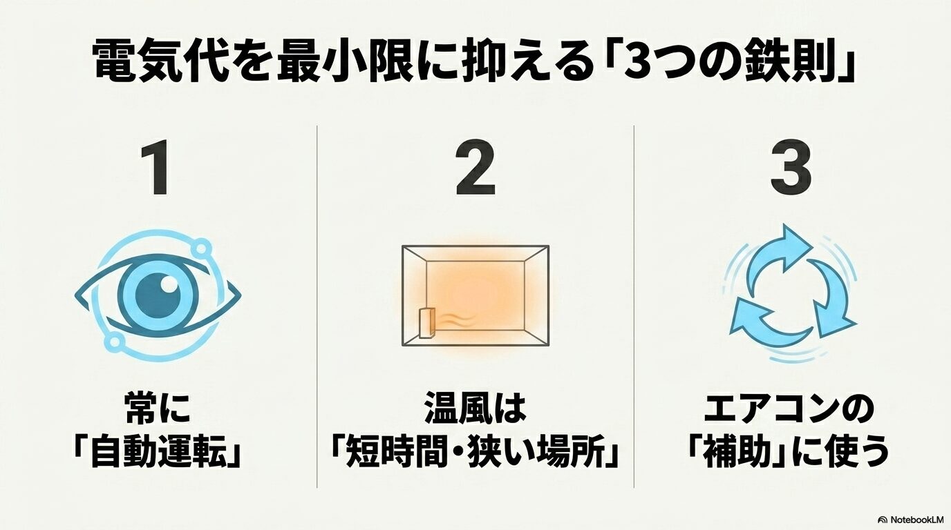 自動運転、短時間・狭い場所での温風利用、エアコンの補助という、電気代を抑える3つの鉄則を示すスライド