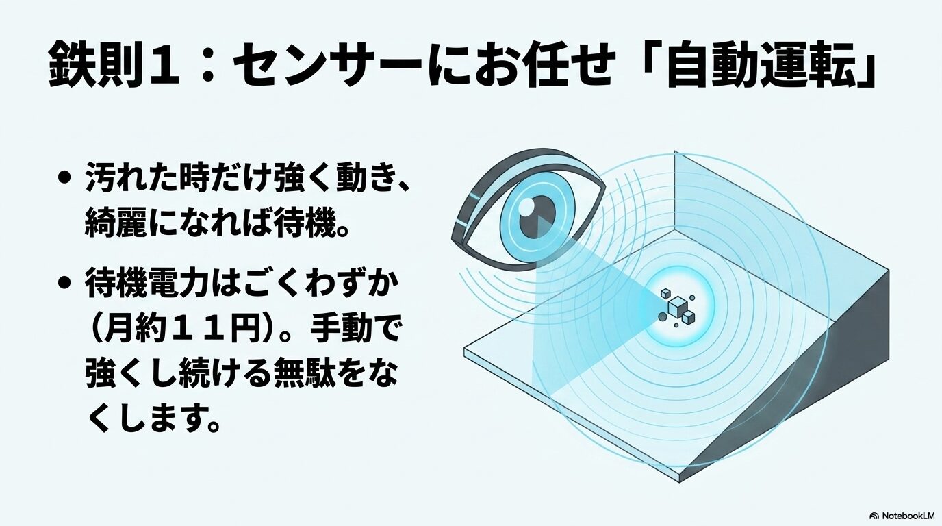 汚れた時だけ強く動き、綺麗になれば待機電力に切り替わる自動運転のメリットを示すスライド