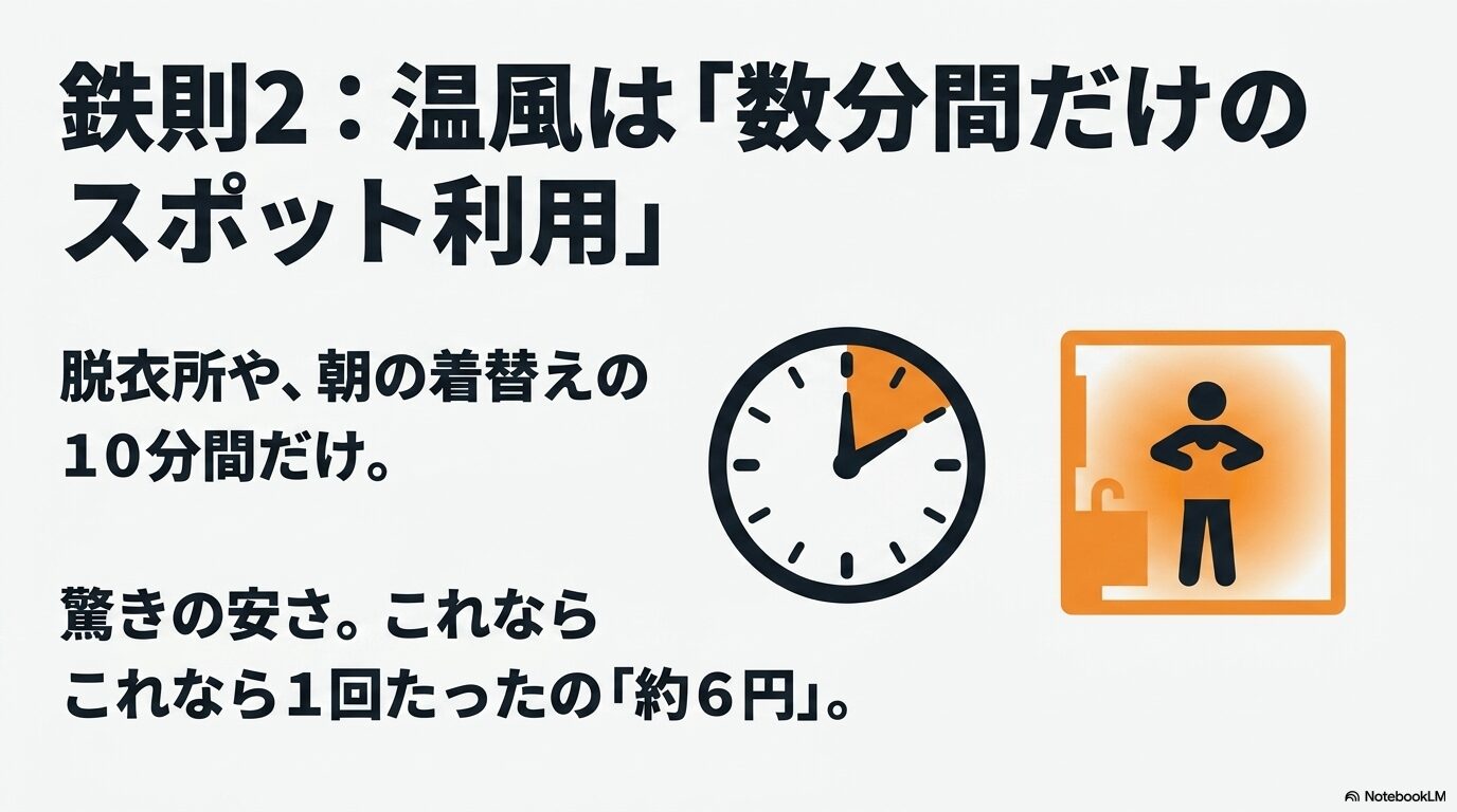 温風機能は脱衣所や着替え時の10分間など、短時間のスポット利用なら1回約6円で済むことを示すスライド