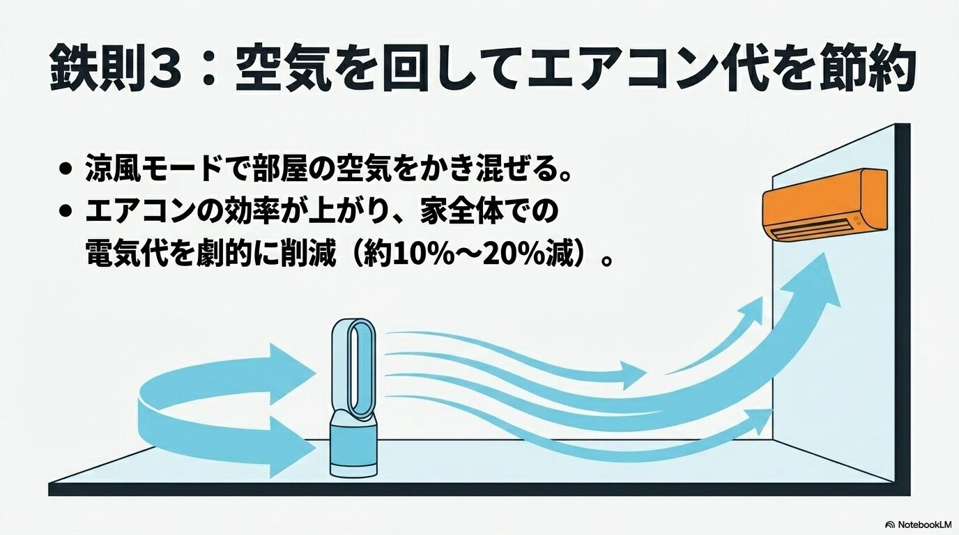 涼風モードで空気を循環させ、家全体のエアコン代を削減する方法を示すスライド