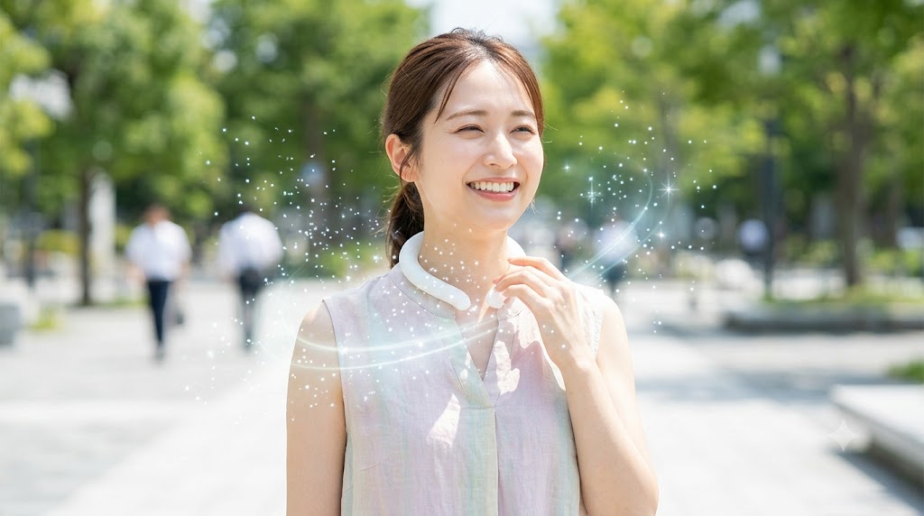CICIBELLA アイスクールリングを首に着用し、爽やかな笑顔を浮かべる日本人女性。キラキラとした清涼感のあるエフェクトが周囲に広がる、明るい夏の屋外風景。