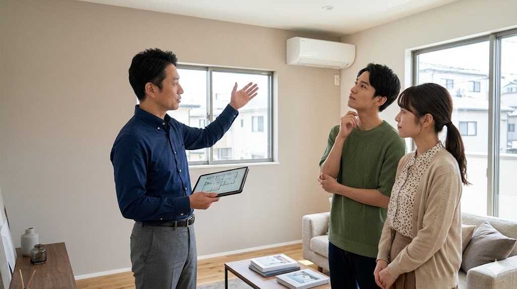 新しいマンションで、空調設備の専門業者と若い日本人夫婦が、ダイキンのベーシックモデル「Eシリーズ」エアコンの設置計画について相談している。専門業者はタブレットで図面を見せ、夫婦は設置場所を一緒に確認している。