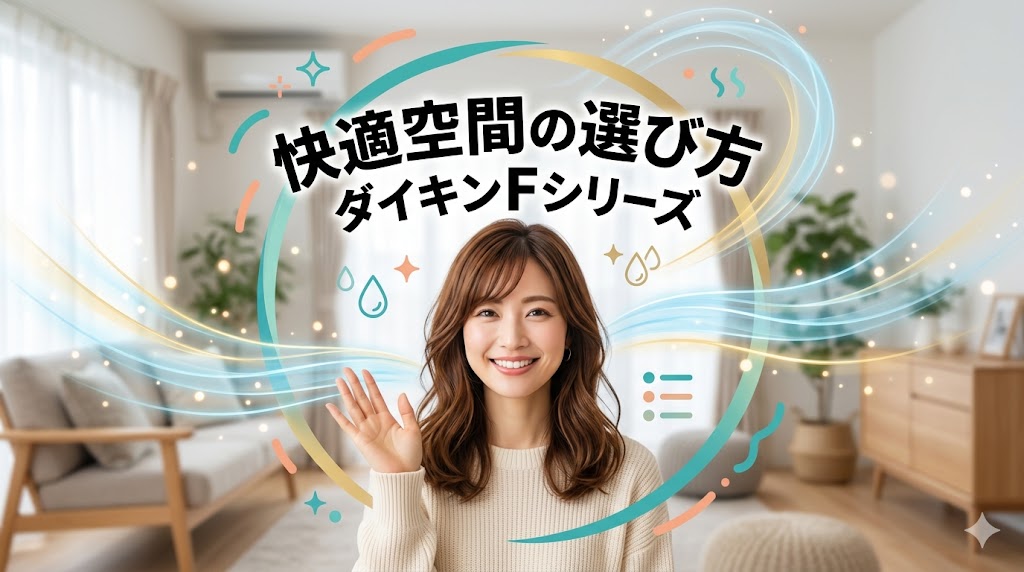 ダイキンエアコンFシリーズの記事をイメージした、明るい表情の日本人女性がくつろぐモダンなリビング。天井へ向かう青白い気流や小さな光の粒子が柔らかく描かれ、キャッチーで快適な空調空間を表現。16:9のアイキャッチ。