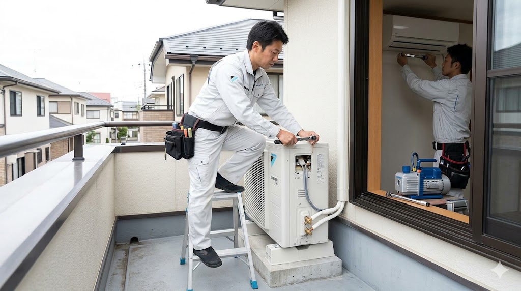 日本の住宅のバルコニーで、プロのHVAC技術者が専用工具を用いてダイキンエアコンFシリーズの室外機を設置し、配管接続を丁寧に行う様子。信頼できる業者施工と、長期保証の重要性をイメージ。