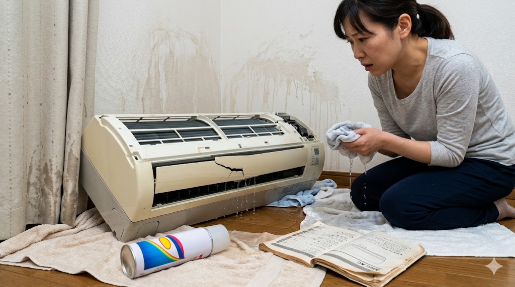 不適切なDIYメンテナンスにより、市販のスプレーでドレンパンを破損させ、室内に大量の水漏れを引き起こした惨状。 distressed な表情のアジア人女性と、水浸しの床。エアコンの自己清掃リスクを警告。