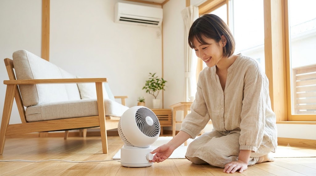 日本人女性がリビングの床に置かれたアイリスオーヤマのマカロン型サーキュレーターのダイヤルを回して操作する様子。近くの壁にはエアコンが設置されており、明るく清潔感のある室内空間。