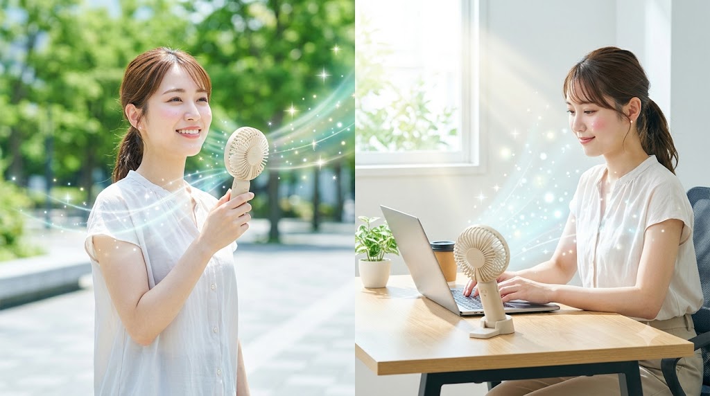 リズム シルキーウインドモバイル4を屋外で手持ちで使用する日本人女性と、オフィスで卓上置きして使用する様子。周囲に爽やかな光のエフェクト（キラキラした装飾）が舞う、明るく快適な夏のシーン。