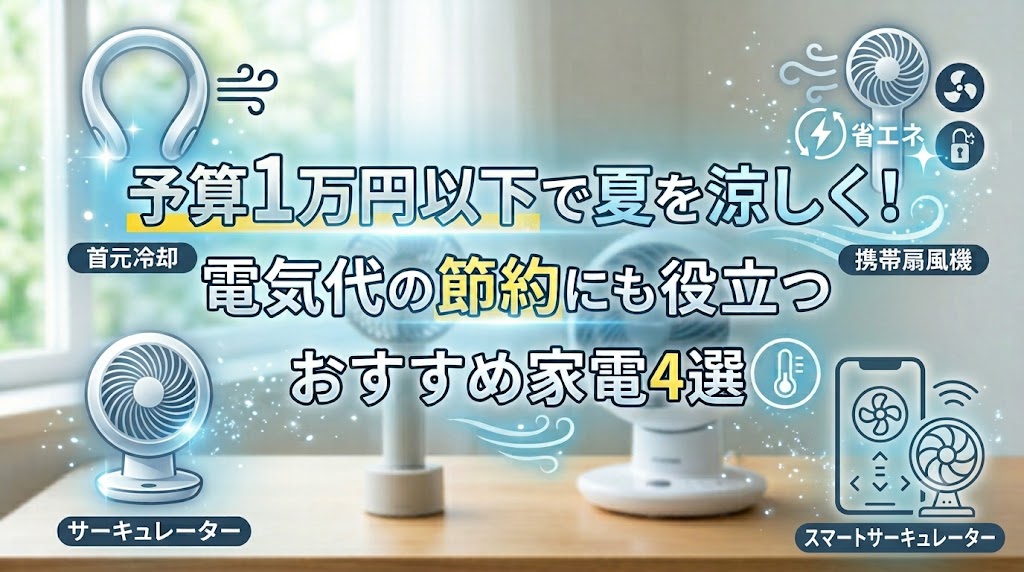 「予算1万円以下で夏を涼しく！電気代の節約にも役立つおすすめ家電4選」というテキストの周囲に、首元冷却リング、携帯扇風機、サーキュレーター、スマートサーキュレーター（スマホ連携）を表す4つのイラストアイコンが配置されたアイキャッチ画像。
